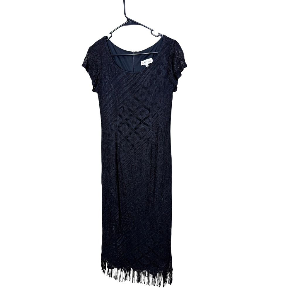 Vintage‎ Harlow Black Crochet Sheath Dress with Fringe Detail Maxi Size 8